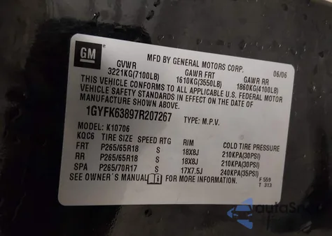 2007 Cadillac Escalade Standard z USA, uszkodzony, nr VIN 1GYFK63897R207267